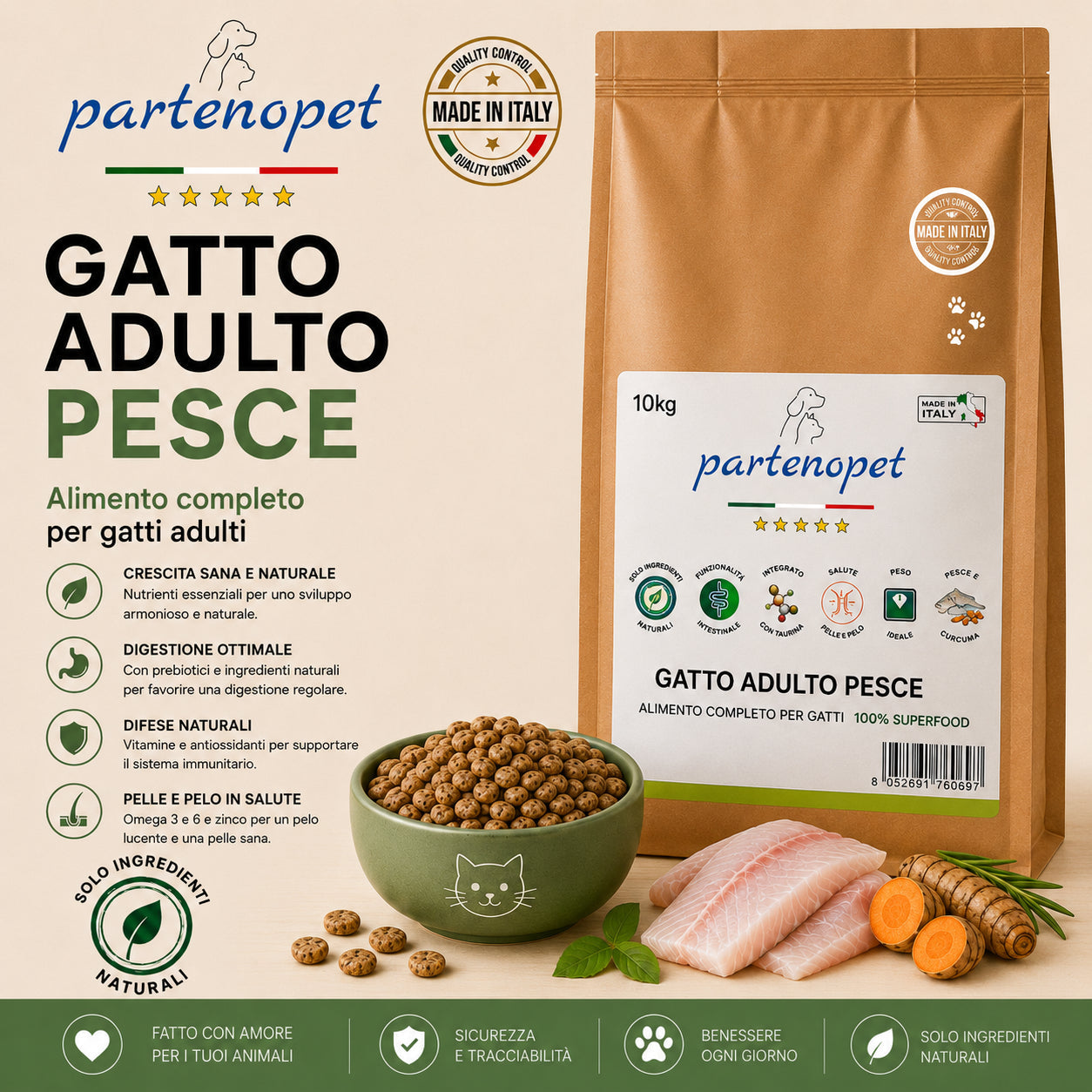 Sacco scorta 10kg crocchette Partenopet Adult Cat al pesce, alimento naturale per gatti adulti pressato a freddo prodotto in Italia, senza conservanti né coloranti, con Taurina e Curcuma.