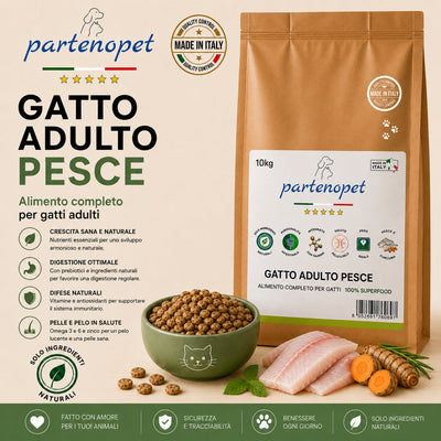 Sacco scorta 10kg crocchette Partenopet Adult Cat al pesce, alimento naturale per gatti adulti pressato a freddo prodotto in Italia, senza conservanti né coloranti, con Taurina e Curcuma.