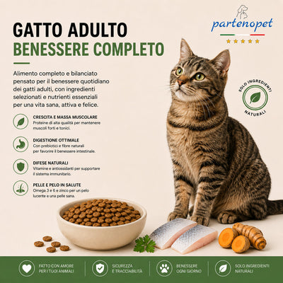 Sacco scorta 10kg crocchette Partenopet Adult Cat al pesce, alimento naturale per gatti adulti pressato a freddo prodotto in Italia, senza conservanti né coloranti, con Taurina e Curcuma.