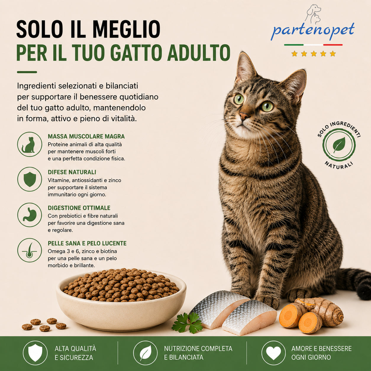 Sacco scorta 10kg crocchette Partenopet Adult Cat al pesce, alimento naturale per gatti adulti pressato a freddo prodotto in Italia, senza conservanti né coloranti, con Taurina e Curcuma.