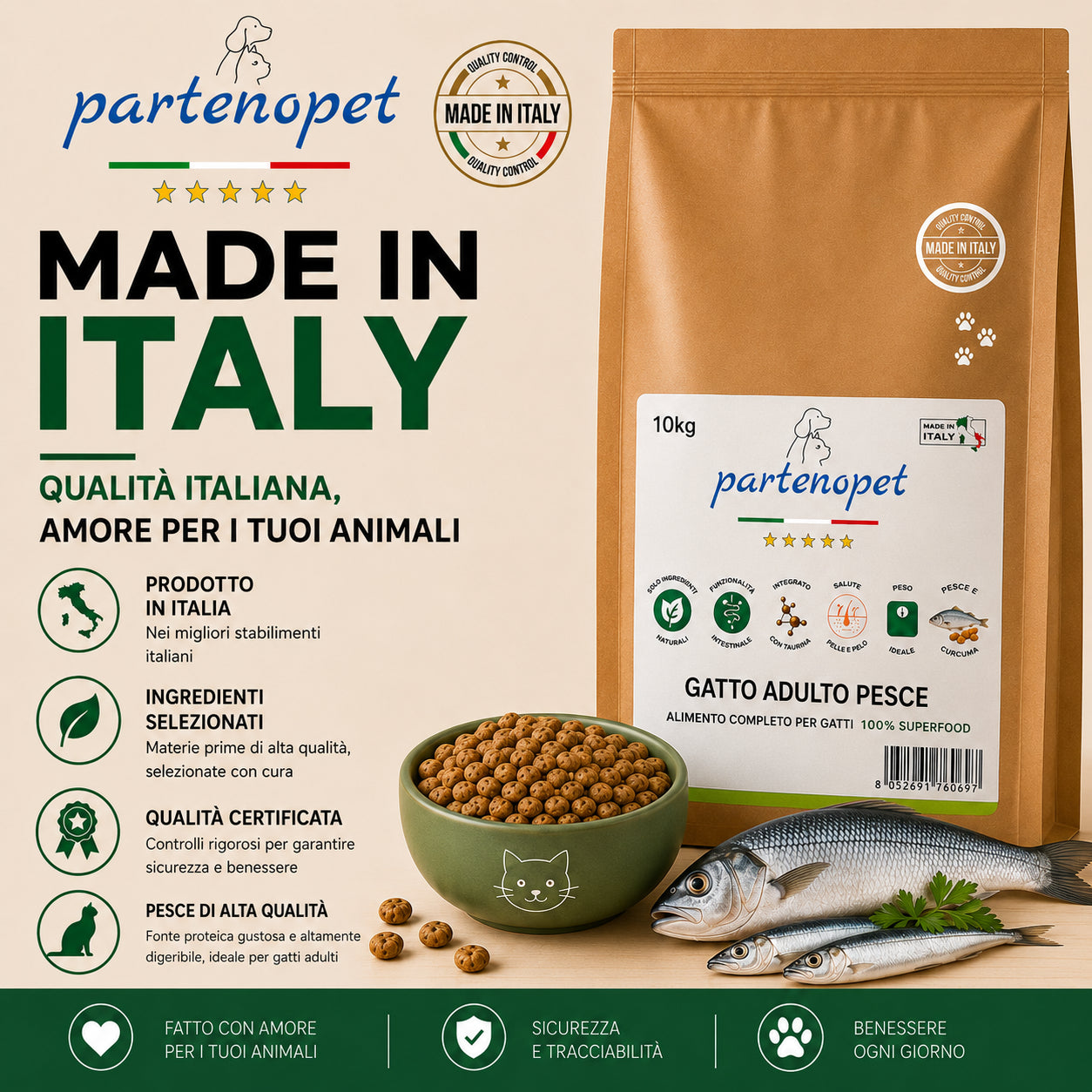 Sacco scorta 10kg crocchette Partenopet Adult Cat al pesce, alimento naturale per gatti adulti pressato a freddo prodotto in Italia, senza conservanti né coloranti, con Taurina e Curcuma.