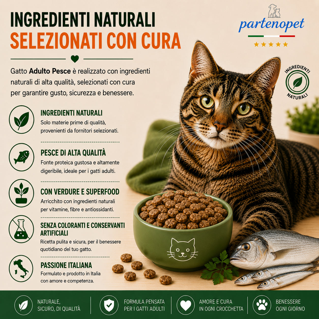 Sacco da 10 kg crocchette Partenopet Adult Cat al pesce, alimento naturale per gatti adulti pressato a freddo prodotto in Italia, senza conservanti né coloranti, con Taurina e Curcuma.