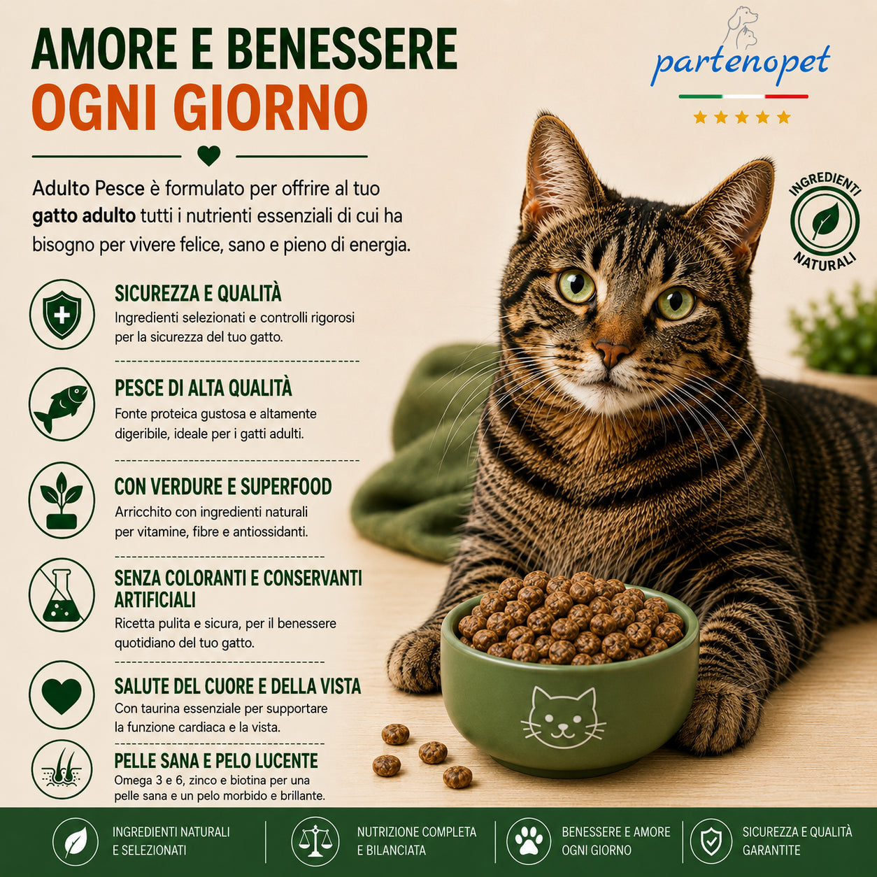 Sacco da 10 kg crocchette Partenopet Adult Cat al pesce, alimento naturale per gatti adulti pressato a freddo prodotto in Italia, senza conservanti né coloranti, con Taurina e Curcuma.
