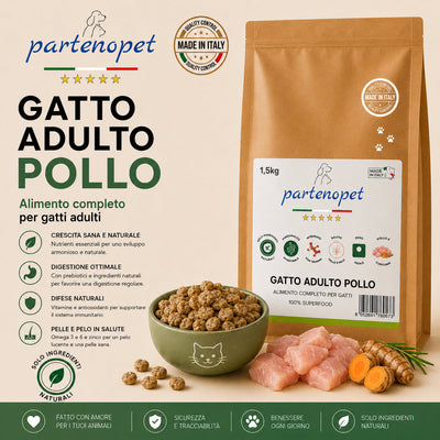 Sacco da 1,5kg crocchette Partenopet Adult Cat al pollo, alimento naturale per gatti adulti pressato a freddo prodotto in Italia, senza conservanti né coloranti, con Taurina e Curcuma.