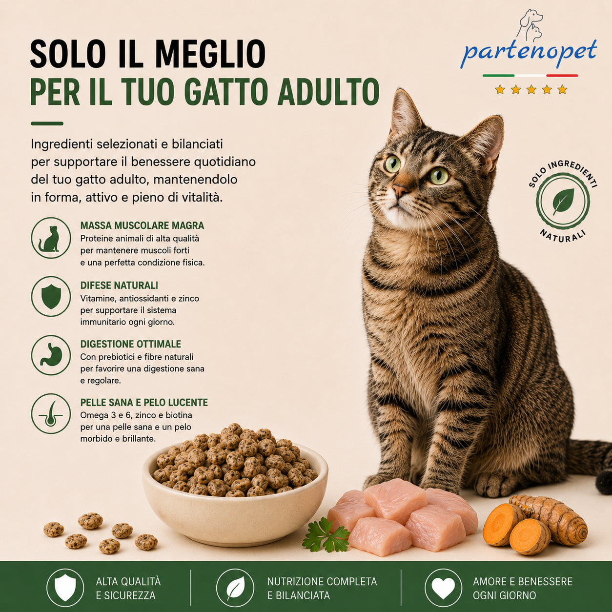 Sacco da 1,5kg crocchette Partenopet Adult Cat al pollo, alimento naturale per gatti adulti pressato a freddo prodotto in Italia, senza conservanti né coloranti, con Taurina e Curcuma.
