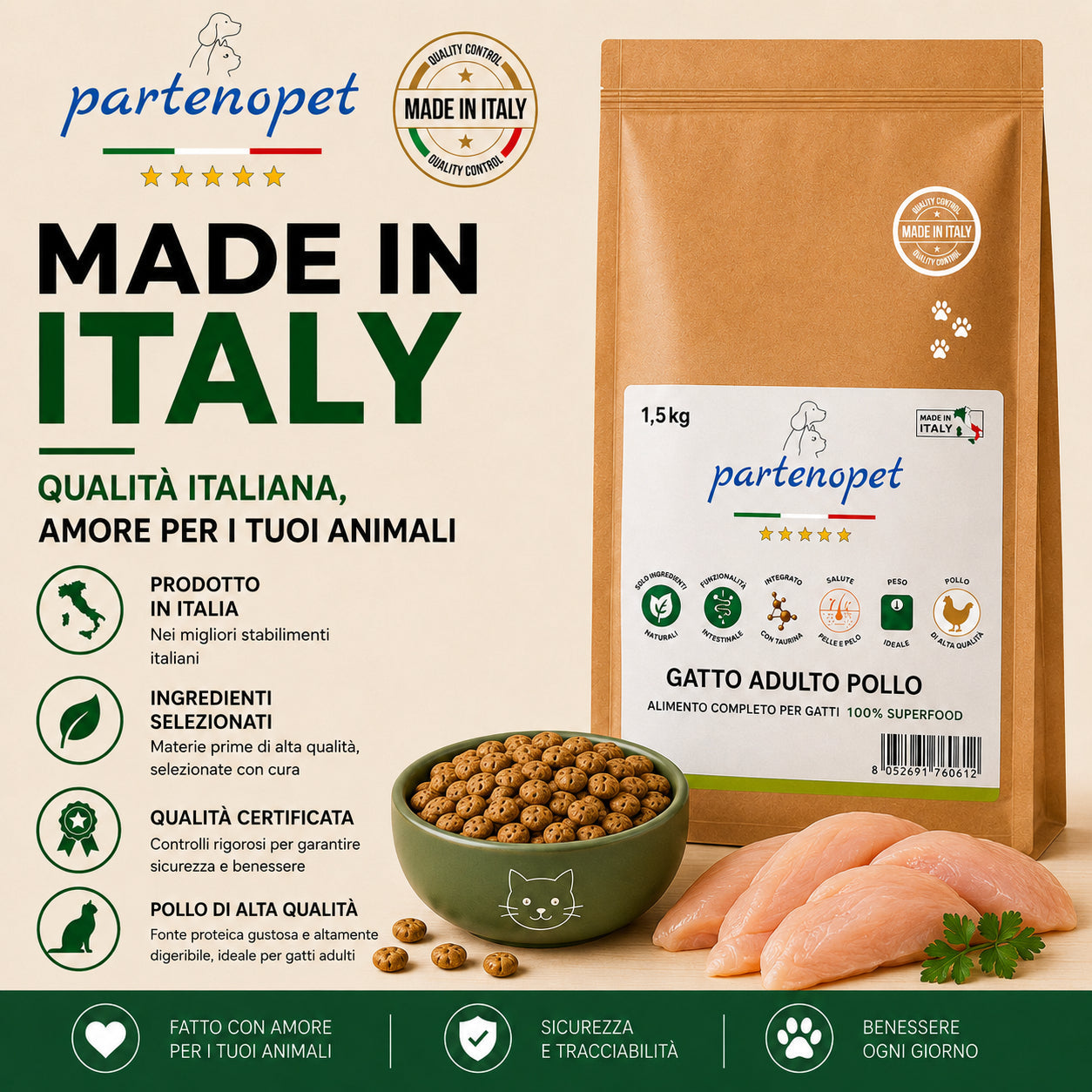 Sacco da 1,5kg crocchette Partenopet Adult Cat al pollo, alimento naturale per gatti adulti pressato a freddo prodotto in Italia, senza conservanti né coloranti, con Taurina e Curcuma.