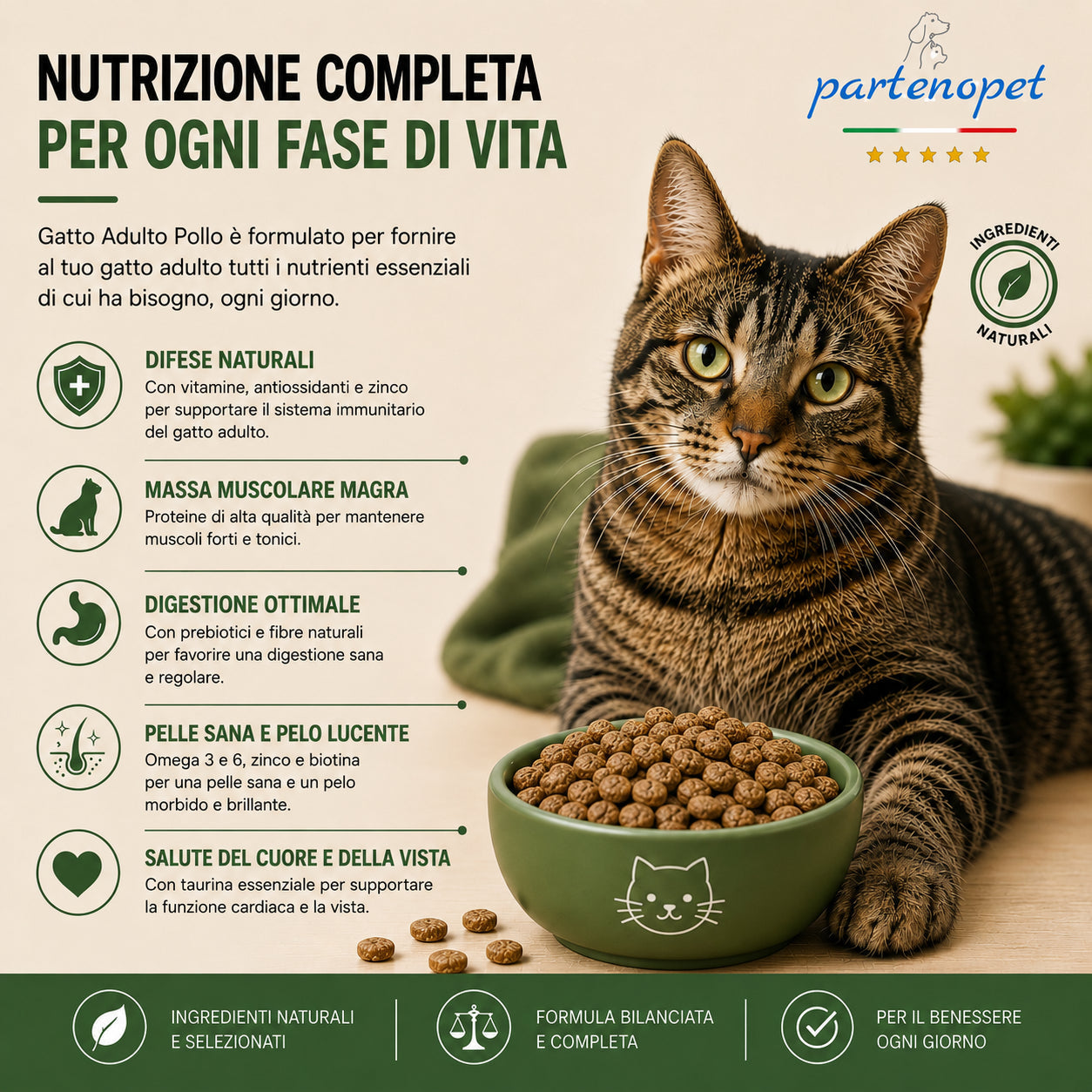 Sacco da 1,5kg crocchette Partenopet Adult Cat al pollo, alimento naturale per gatti adulti pressato a freddo prodotto in Italia, senza conservanti né coloranti, con Taurina e Curcuma.