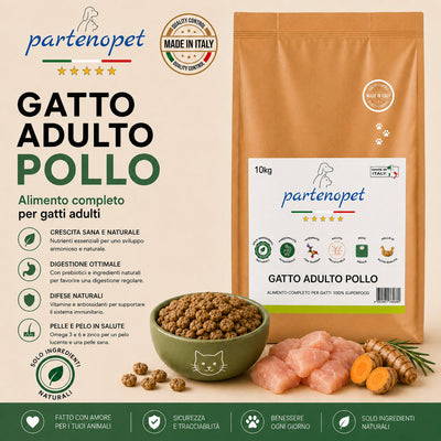 Sacco convenienza 10kg crocchette Partenopet Adult Cat al pollo, alimento naturale per gatti adulti pressato a freddo prodotto in Italia, senza conservanti né coloranti, con Taurina e Curcuma.