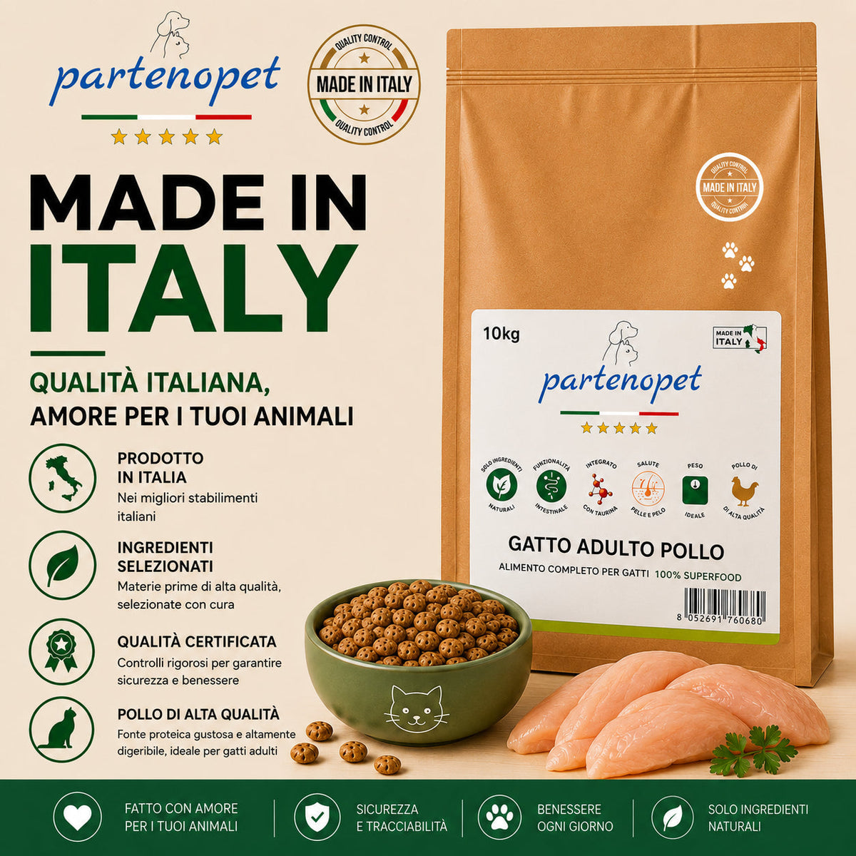 Sacco convenienza 10kg crocchette Partenopet Adult Cat al pollo, alimento naturale per gatti adulti pressato a freddo prodotto in Italia, senza conservanti né coloranti, con Taurina e Curcuma.
