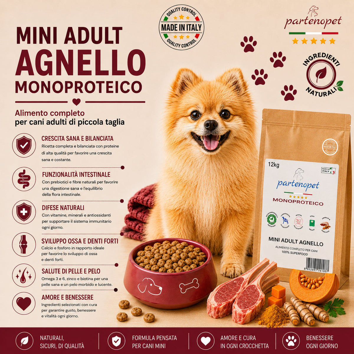 Partenopet Adult Mini Monoproteico Agnello e Zucca Crocchette per Cani 100% Naturali 12 kg - Partenopet