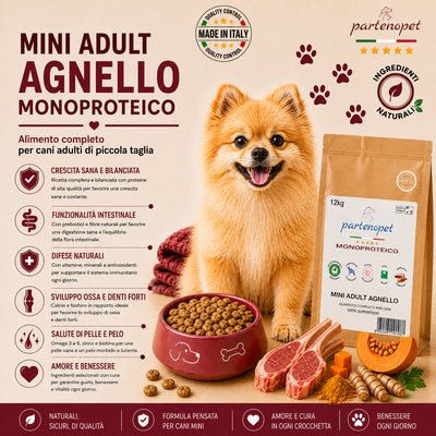 Partenopet Adult Mini Monoproteico Agnello e Zucca Crocchette per Cani 100% Naturali 12 kg - Partenopet