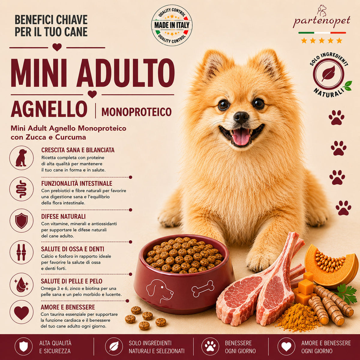 Partenopet Adult Mini Monoproteico Agnello e Zucca Crocchette per Cani 100% Naturali 12 kg - Partenopet