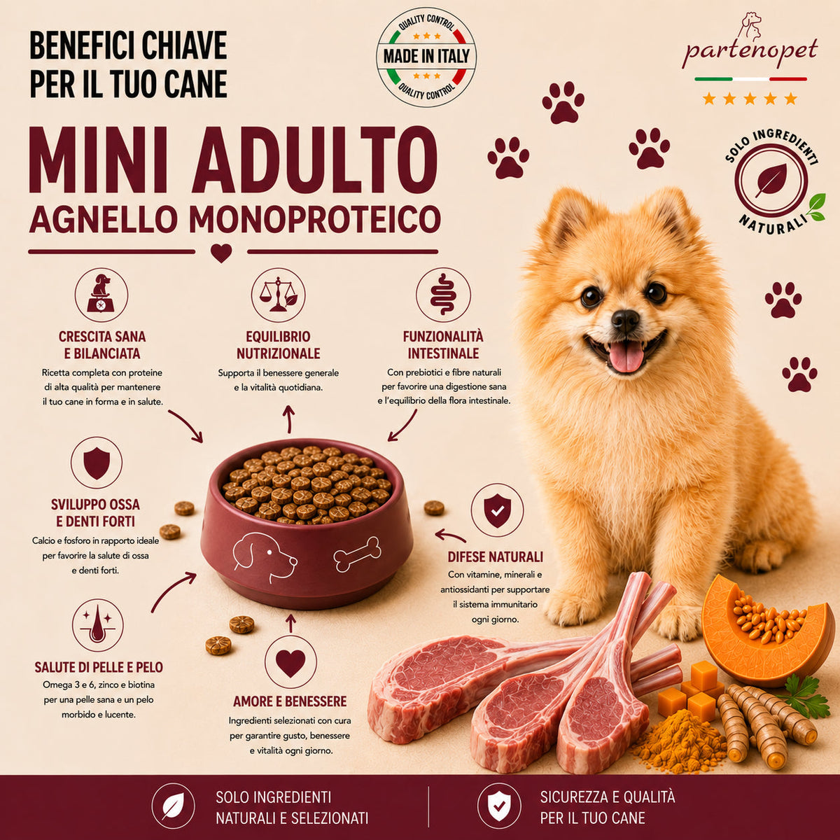 Partenopet Adult Mini Monoproteico Agnello e Zucca Crocchette per Cani 100% Naturali 12 kg - Partenopet