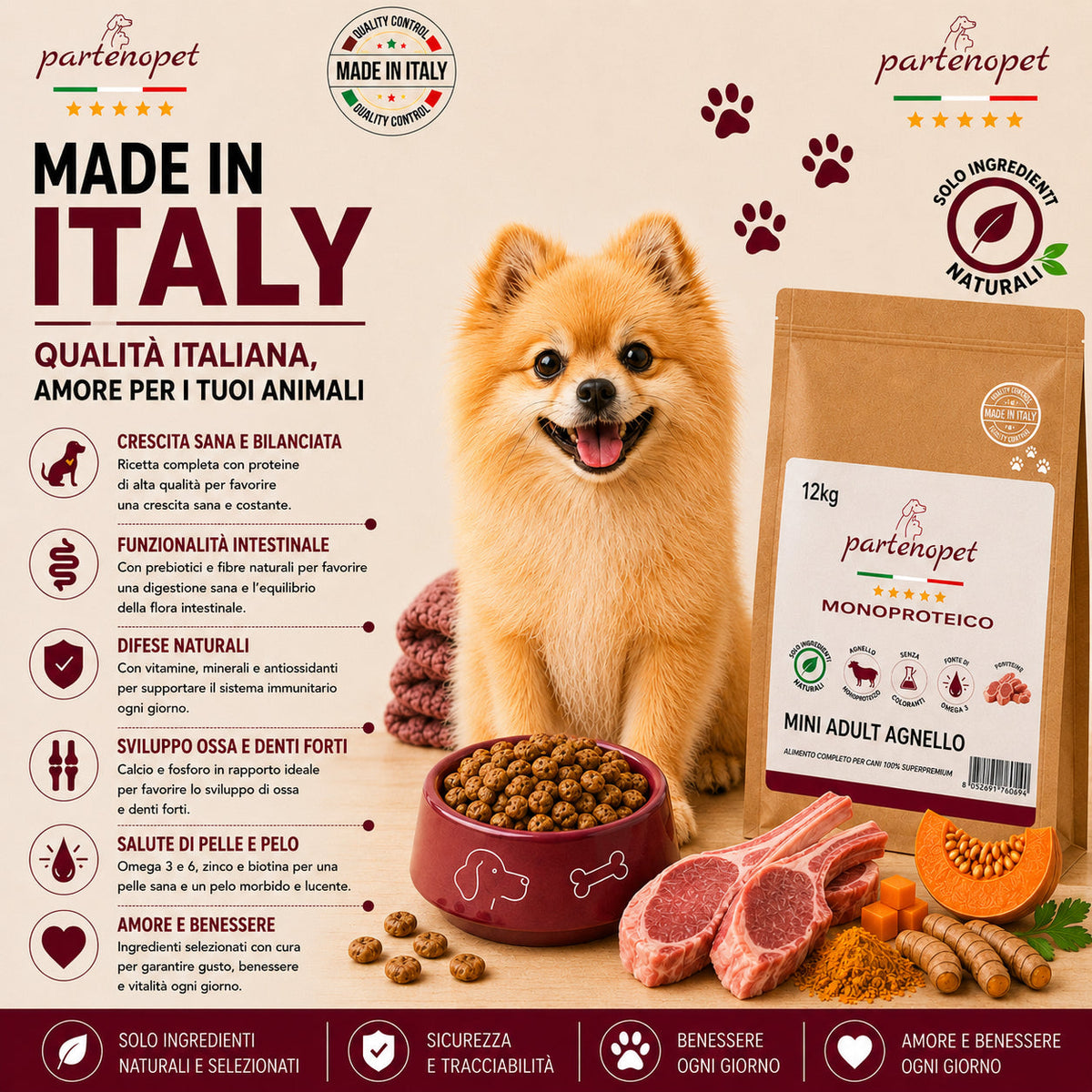 Partenopet Adult Mini Monoproteico Agnello e Zucca Crocchette per Cani 100% Naturali 12 kg - Partenopet