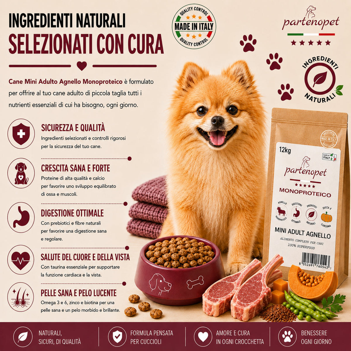 Partenopet Adult Mini Monoproteico Agnello e Zucca Crocchette per Cani 100% Naturali 12 kg - Partenopet