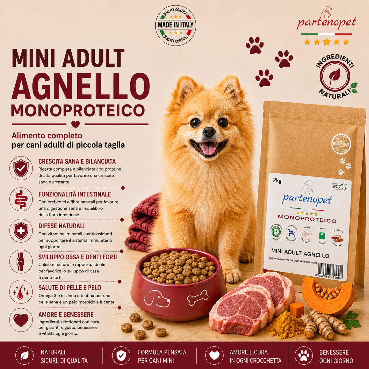 Partenopet Adult Mini Monoproteico Agnello e Zucca Crocchette per Cani 100% Naturali 2 kg - Partenopet