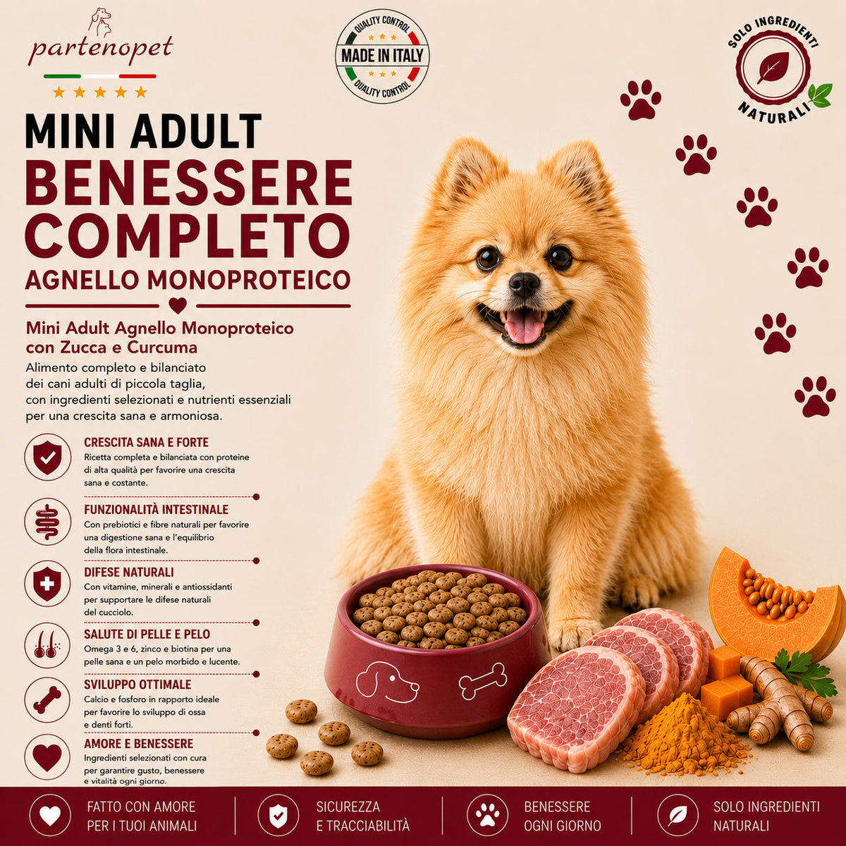 Partenopet Adult Mini Monoproteico Agnello e Zucca Crocchette per Cani 100% Naturali 2 kg - Partenopet