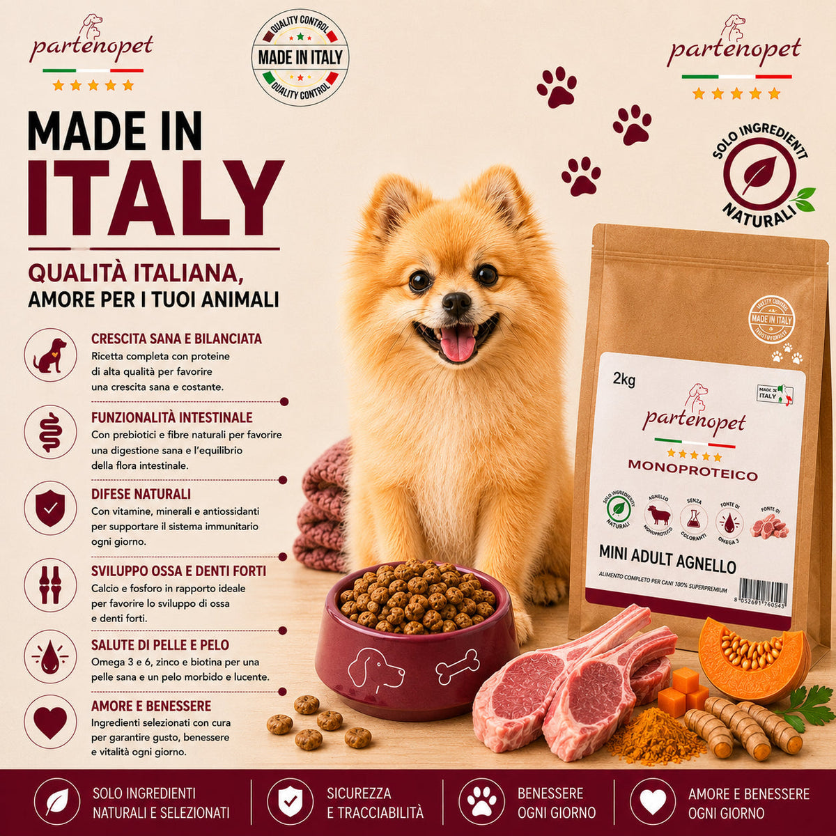 Partenopet Adult Mini Monoproteico Agnello e Zucca Crocchette per Cani 100% Naturali 2 kg - Partenopet