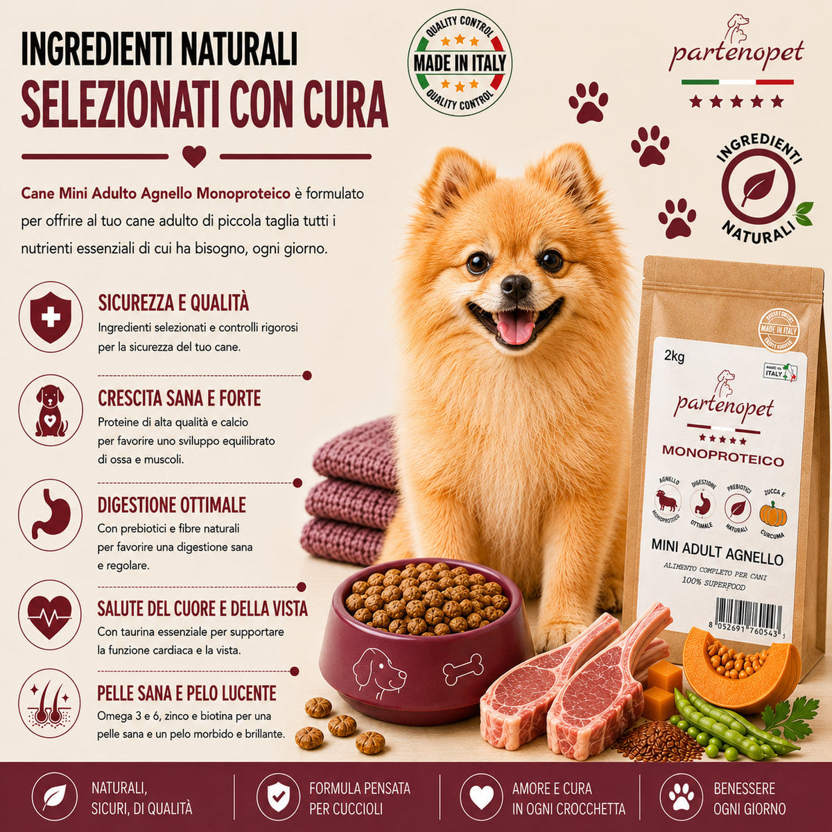 Partenopet Adult Mini Monoproteico Agnello e Zucca Crocchette per Cani 100% Naturali 2 kg - Partenopet