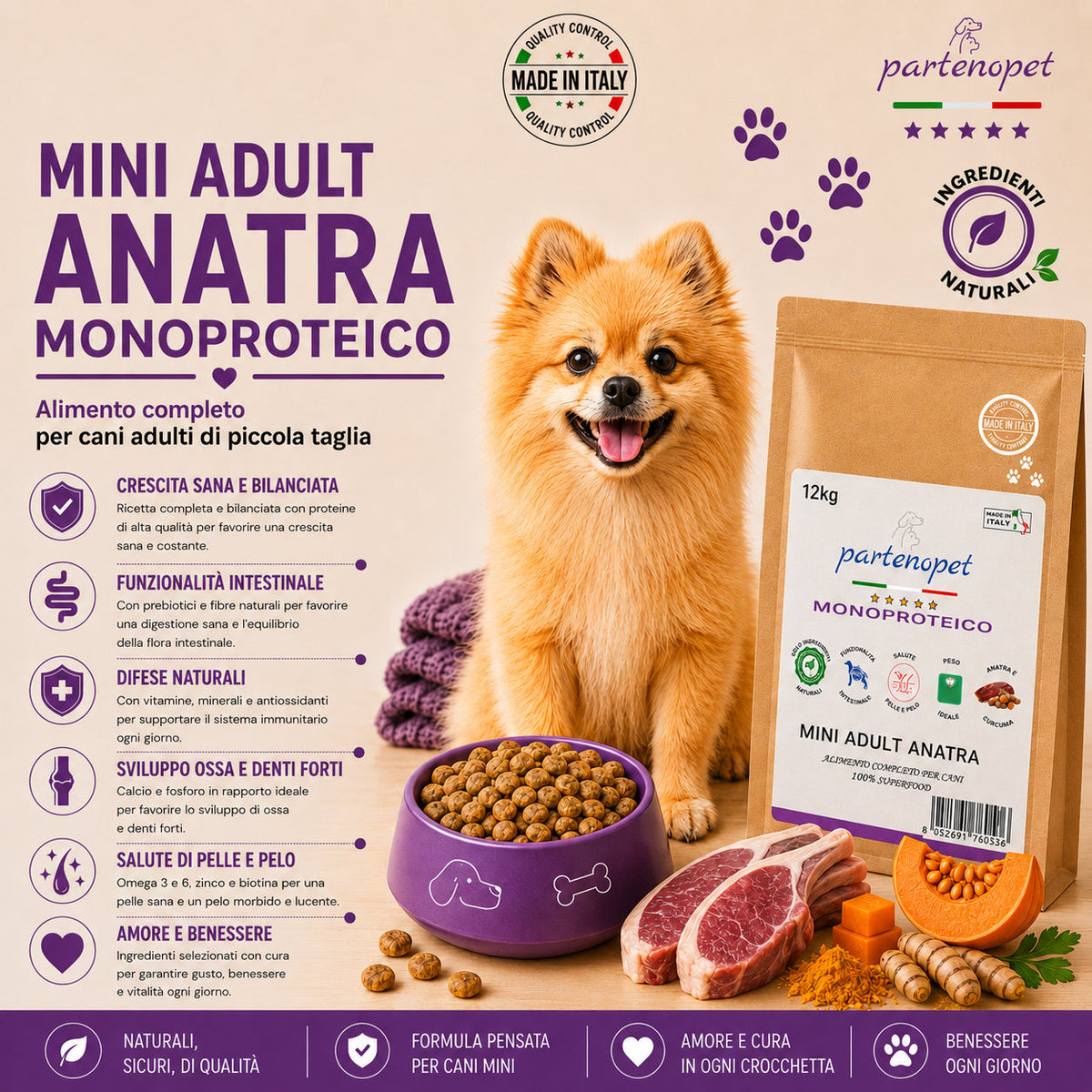 Partenopet Adult Mini Monoproteico Anatra e Zucca Crocchette per Cani 100% Naturali 12kg - Partenopet