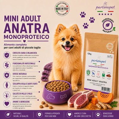 Partenopet Adult Mini Monoproteico Anatra e Zucca Crocchette per Cani 100% Naturali 12kg - Partenopet
