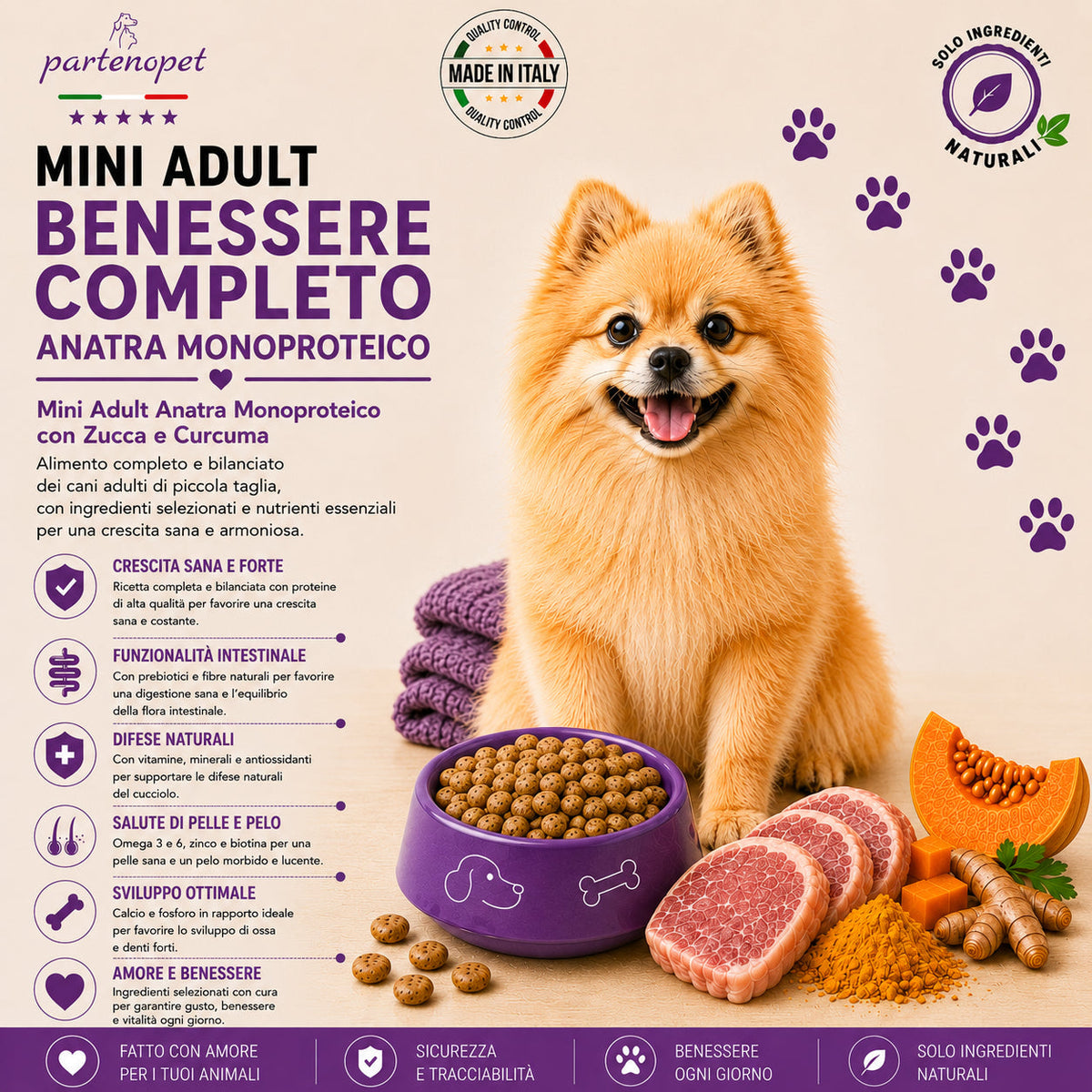 Partenopet Adult Mini Monoproteico Anatra e Zucca Crocchette per Cani 100% Naturali 12kg - Partenopet