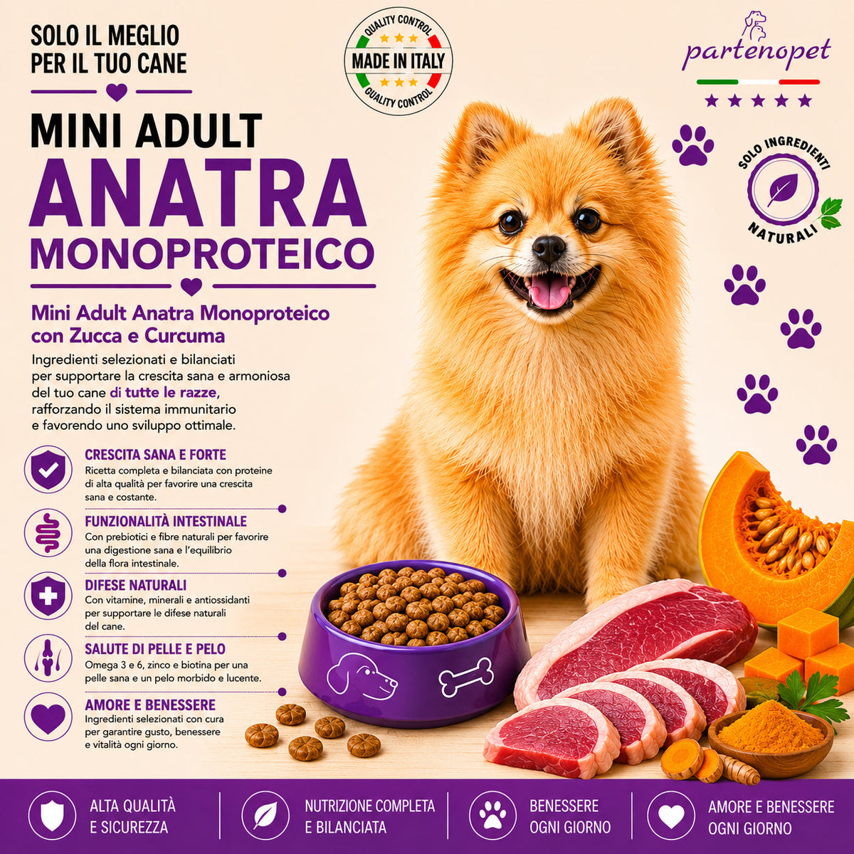 Partenopet Adult Mini Monoproteico Anatra e Zucca Crocchette per Cani 100% Naturali 12kg - Partenopet
