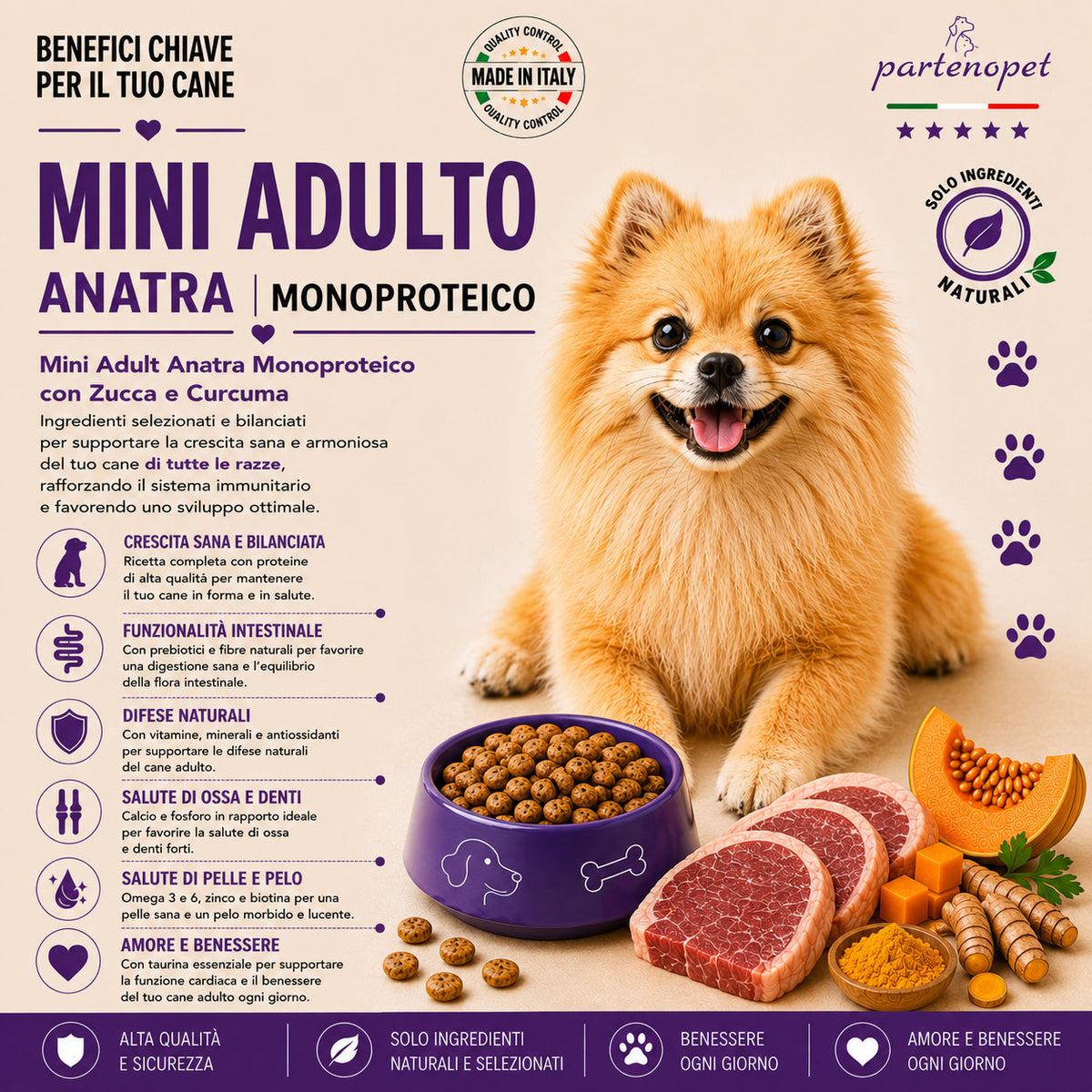 Partenopet Adult Mini Monoproteico Anatra e Zucca Crocchette per Cani 100% Naturali 12kg - Partenopet