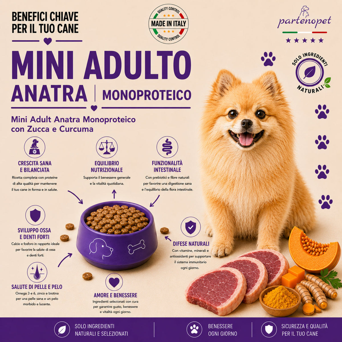 Partenopet Adult Mini Monoproteico Anatra e Zucca Crocchette per Cani 100% Naturali 12kg - Partenopet