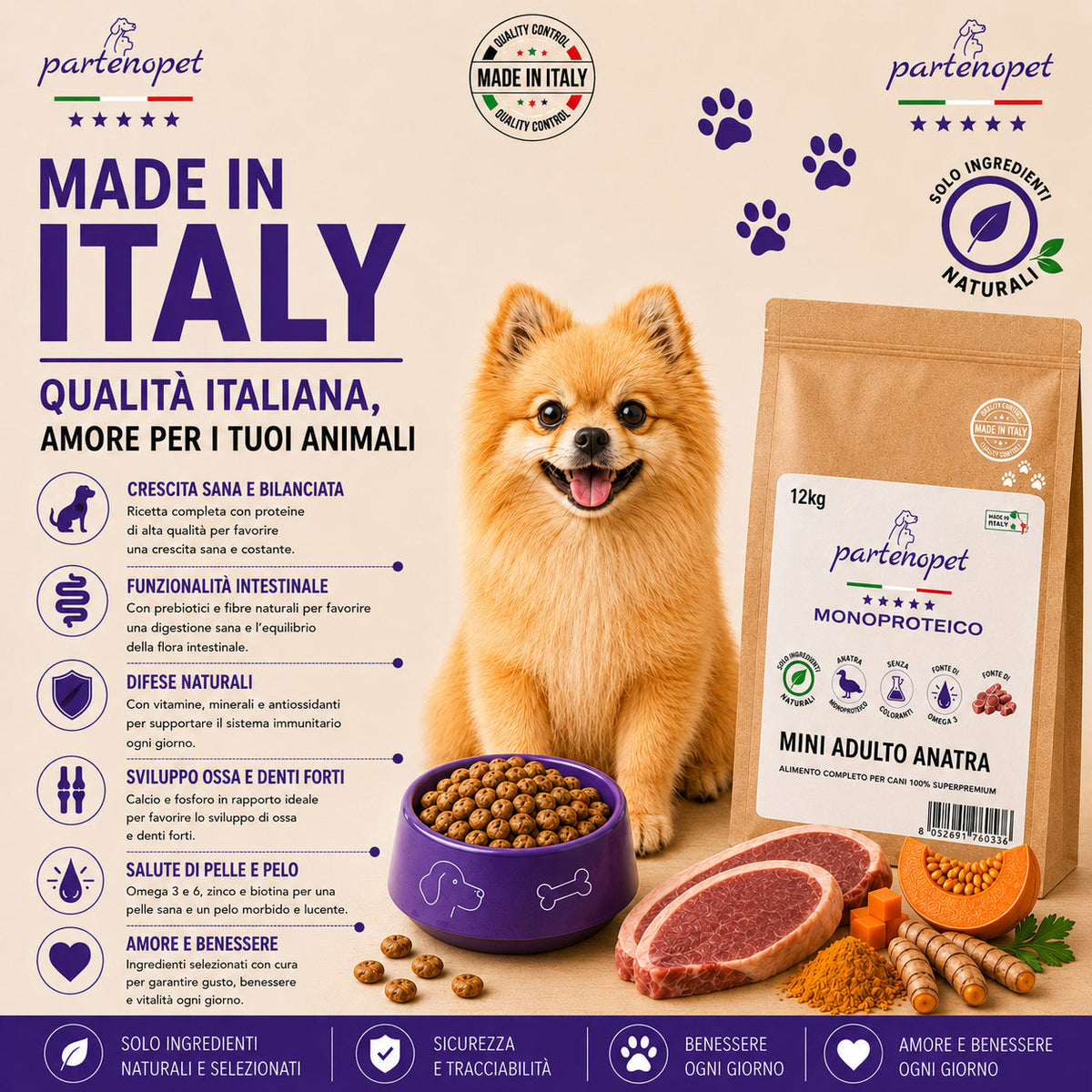 Partenopet Adult Mini Monoproteico Anatra e Zucca Crocchette per Cani 100% Naturali 12kg - Partenopet