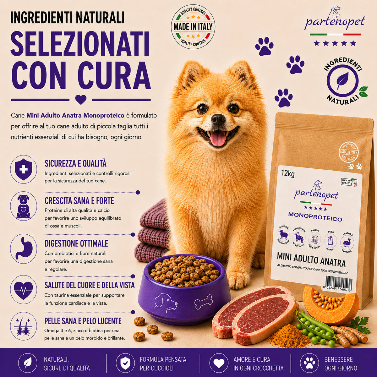 Partenopet Adult Mini Monoproteico Anatra e Zucca Crocchette per Cani 100% Naturali 12kg - Partenopet