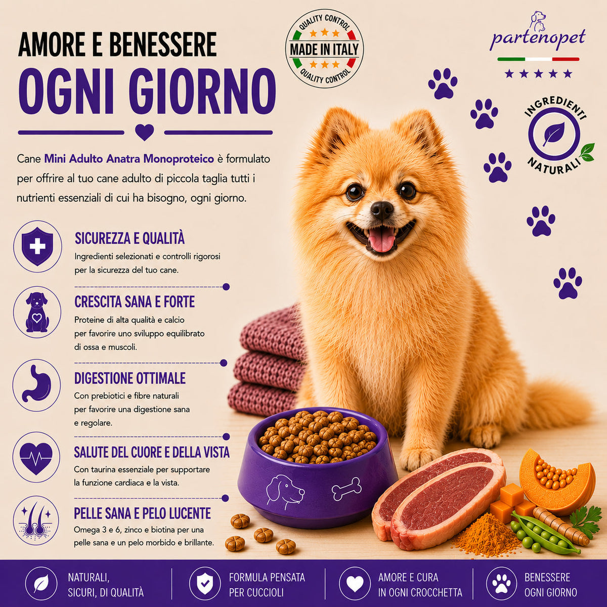 Partenopet Adult Mini Monoproteico Anatra e Zucca Crocchette per Cani 100% Naturali 12kg - Partenopet