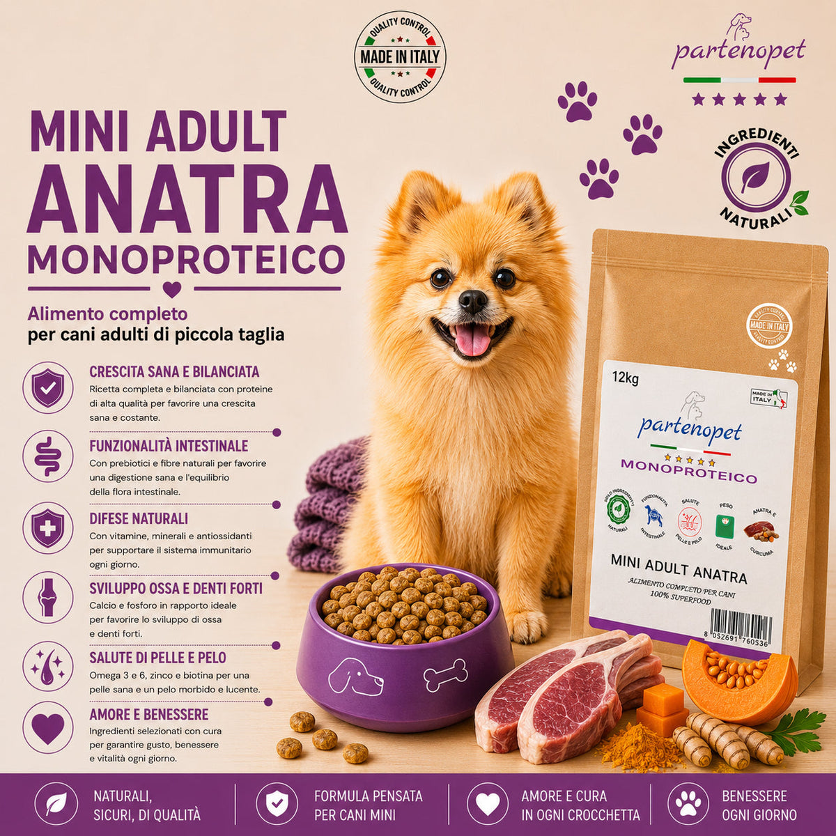 Partenopet Adult Mini Monoproteico Anatra e Zucca Crocchette per Cani 100% Naturali 2 kg - Partenopet