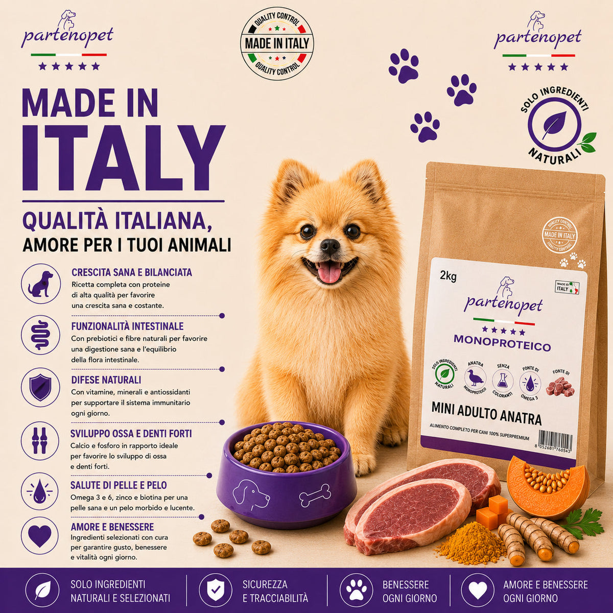 Partenopet Adult Mini Monoproteico Anatra e Zucca Crocchette per Cani 100% Naturali 2 kg - Partenopet