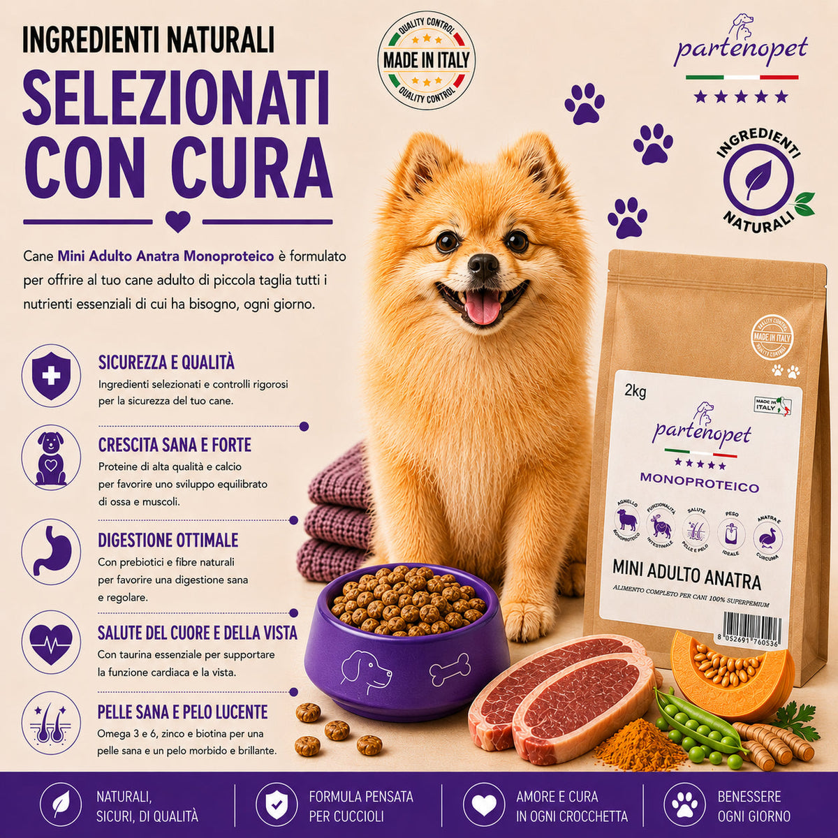 Partenopet Adult Mini Monoproteico Anatra e Zucca Crocchette per Cani 100% Naturali 2 kg - Partenopet