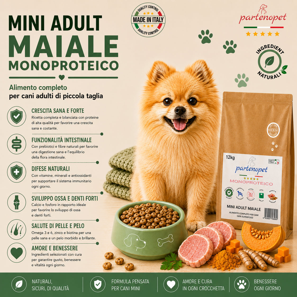 Partenopet Adult Mini Monoproteico Maiale e Zucca Crocchette per Cani 100% Naturali 12 kg - Partenopet