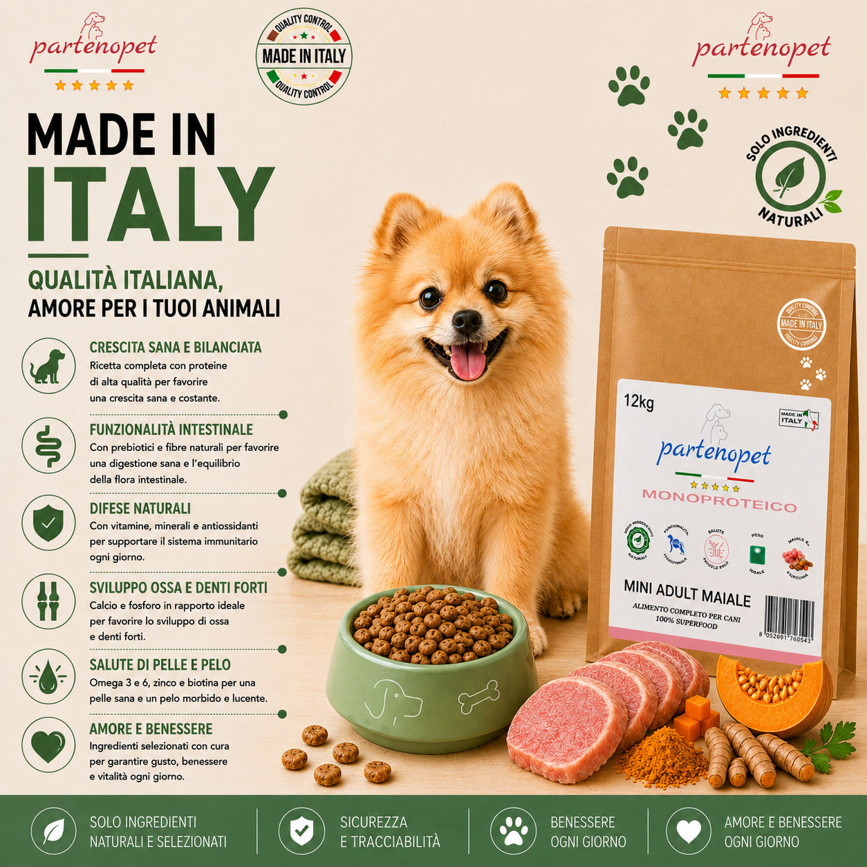 Partenopet Adult Mini Monoproteico Maiale e Zucca Crocchette per Cani 100% Naturali 12 kg - Partenopet