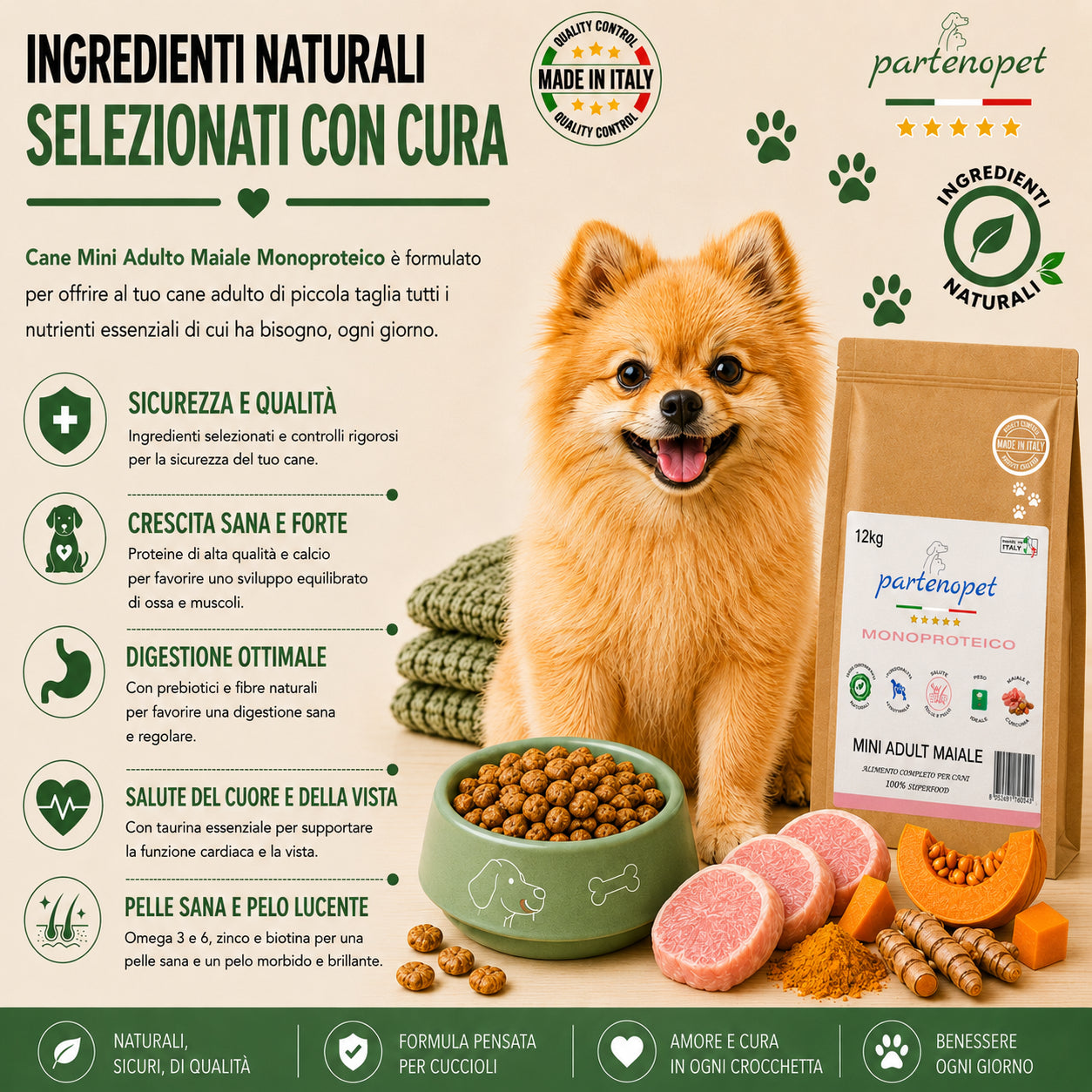 Partenopet Adult Mini Monoproteico Maiale e Zucca Crocchette per Cani 100% Naturali 12 kg - Partenopet