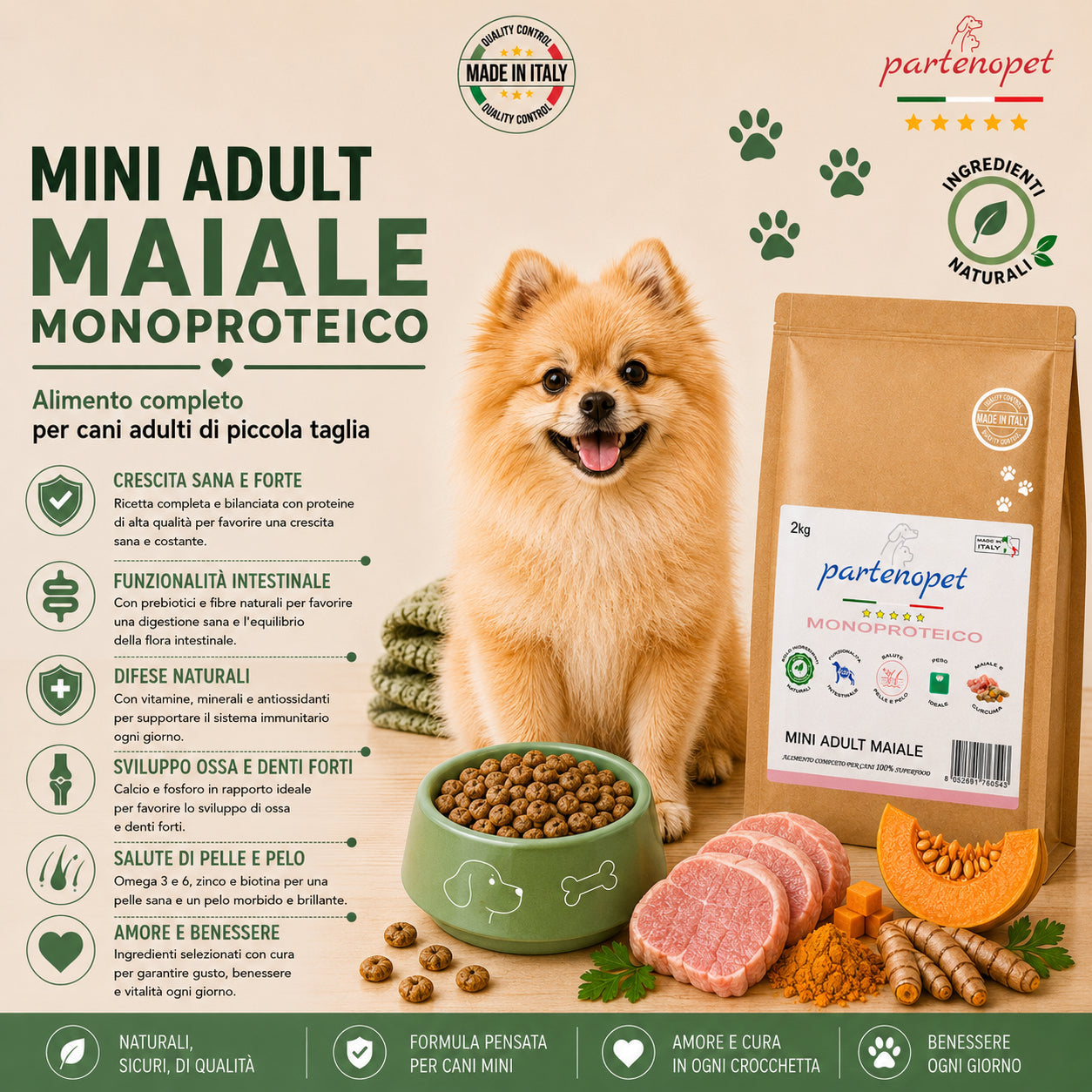 Partenopet Adult Mini Monoproteico Maiale e Zucca Crocchette per Cani 100% Naturali 2 kg - Partenopet