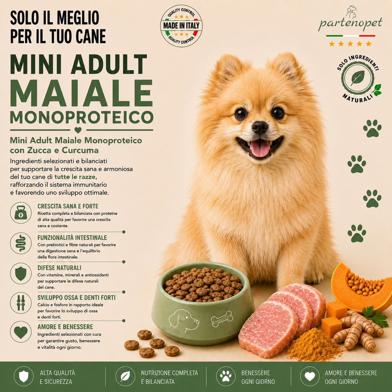 Partenopet Adult Mini Monoproteico Maiale e Zucca Crocchette per Cani 100% Naturali 2 kg - Partenopet