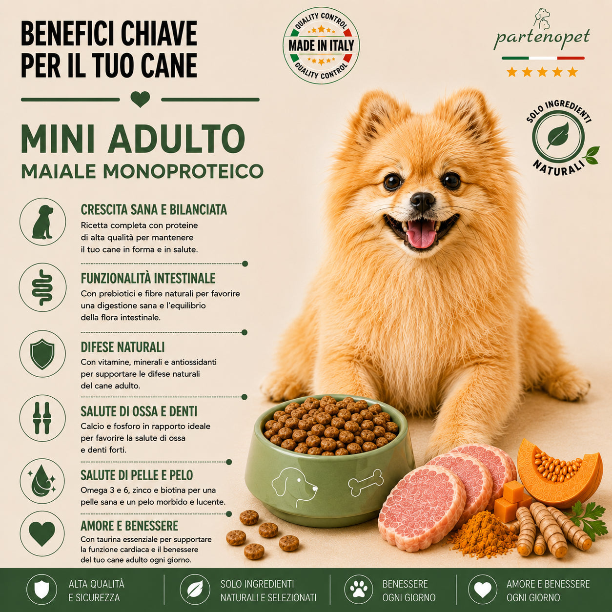 Partenopet Adult Mini Monoproteico Maiale e Zucca Crocchette per Cani 100% Naturali 2 kg - Partenopet