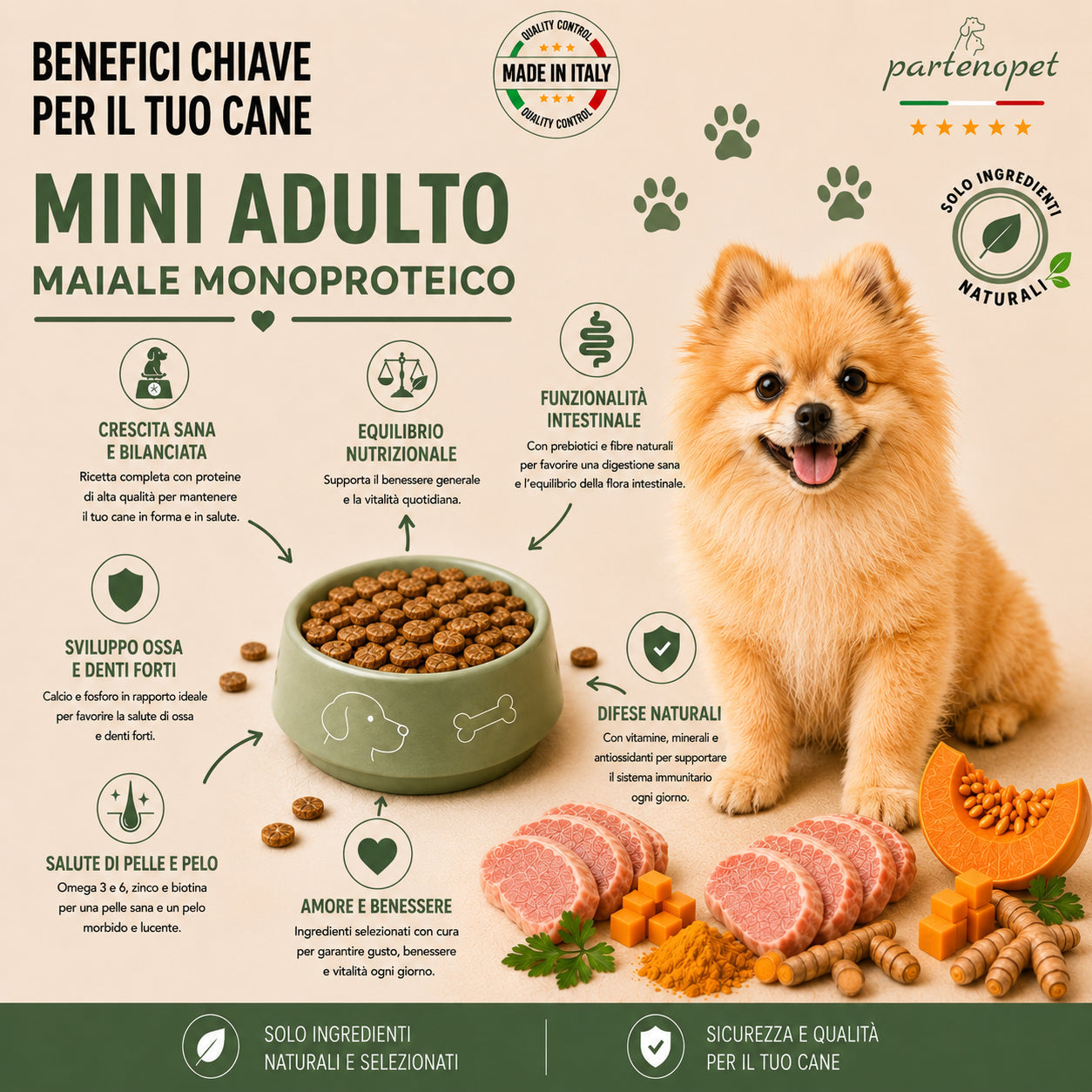 Partenopet Adult Mini Monoproteico Maiale e Zucca Crocchette per Cani 100% Naturali 2 kg - Partenopet