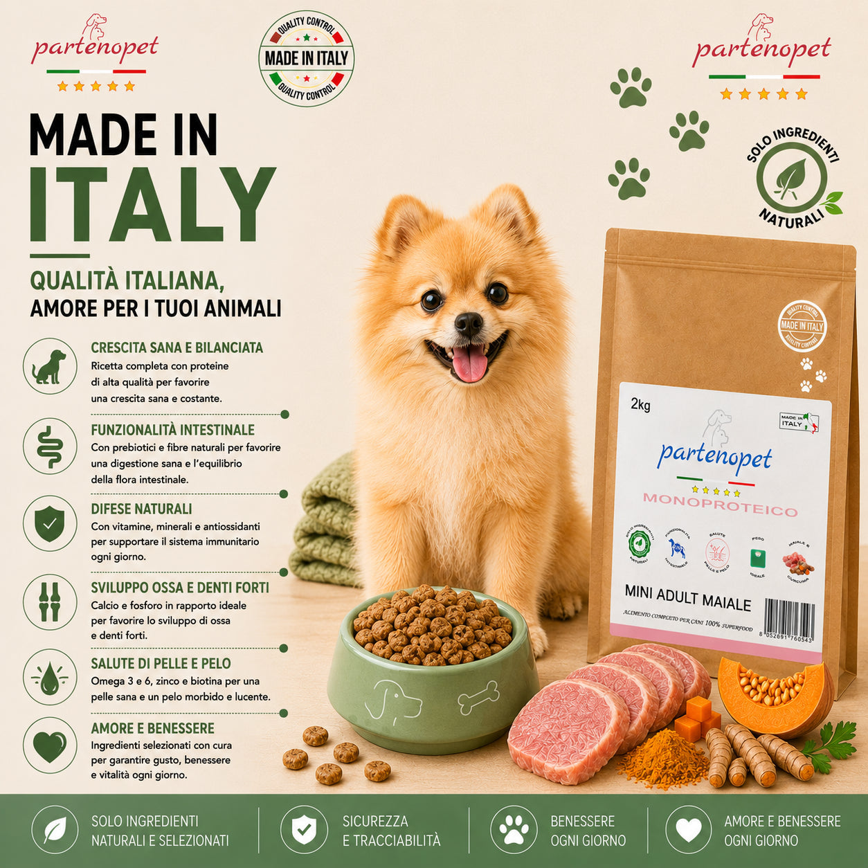 Partenopet Adult Mini Monoproteico Maiale e Zucca Crocchette per Cani 100% Naturali 2 kg - Partenopet