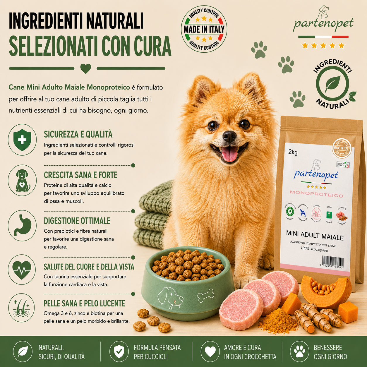 Partenopet Adult Mini Monoproteico Maiale e Zucca Crocchette per Cani 100% Naturali 2 kg - Partenopet