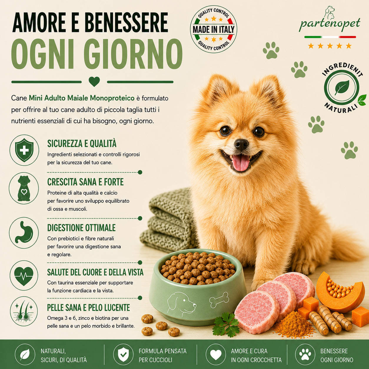 Partenopet Adult Mini Monoproteico Maiale e Zucca Crocchette per Cani 100% Naturali 2 kg - Partenopet