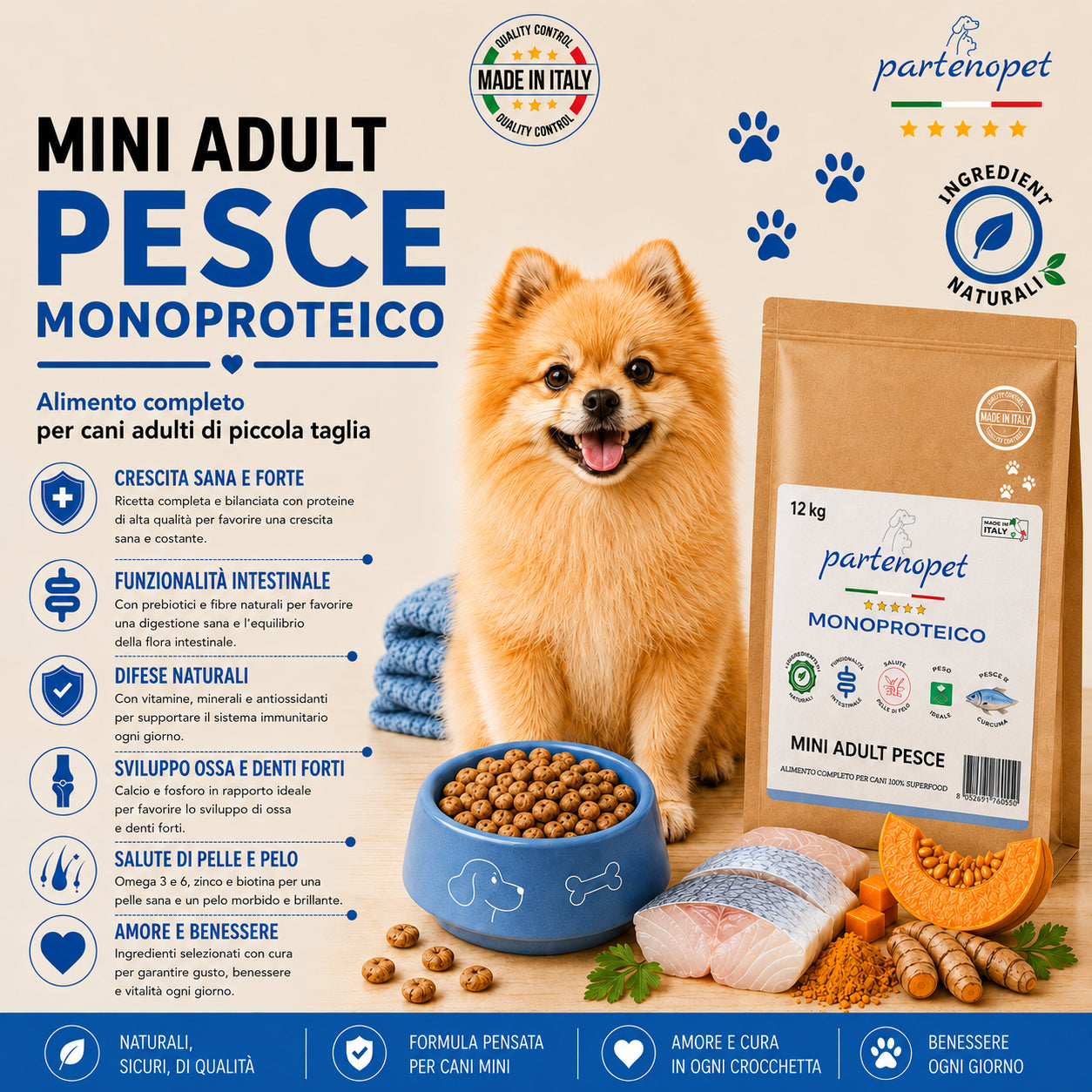 Partenopet Adult Mini Monoproteico Pesce e Zucca Crocchette per Cani 100% Naturali 12 kg - Partenopet