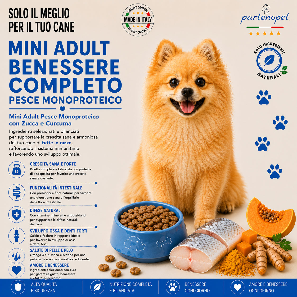 Partenopet Adult Mini Monoproteico Pesce e Zucca Crocchette per Cani 100% Naturali 12 kg - Partenopet