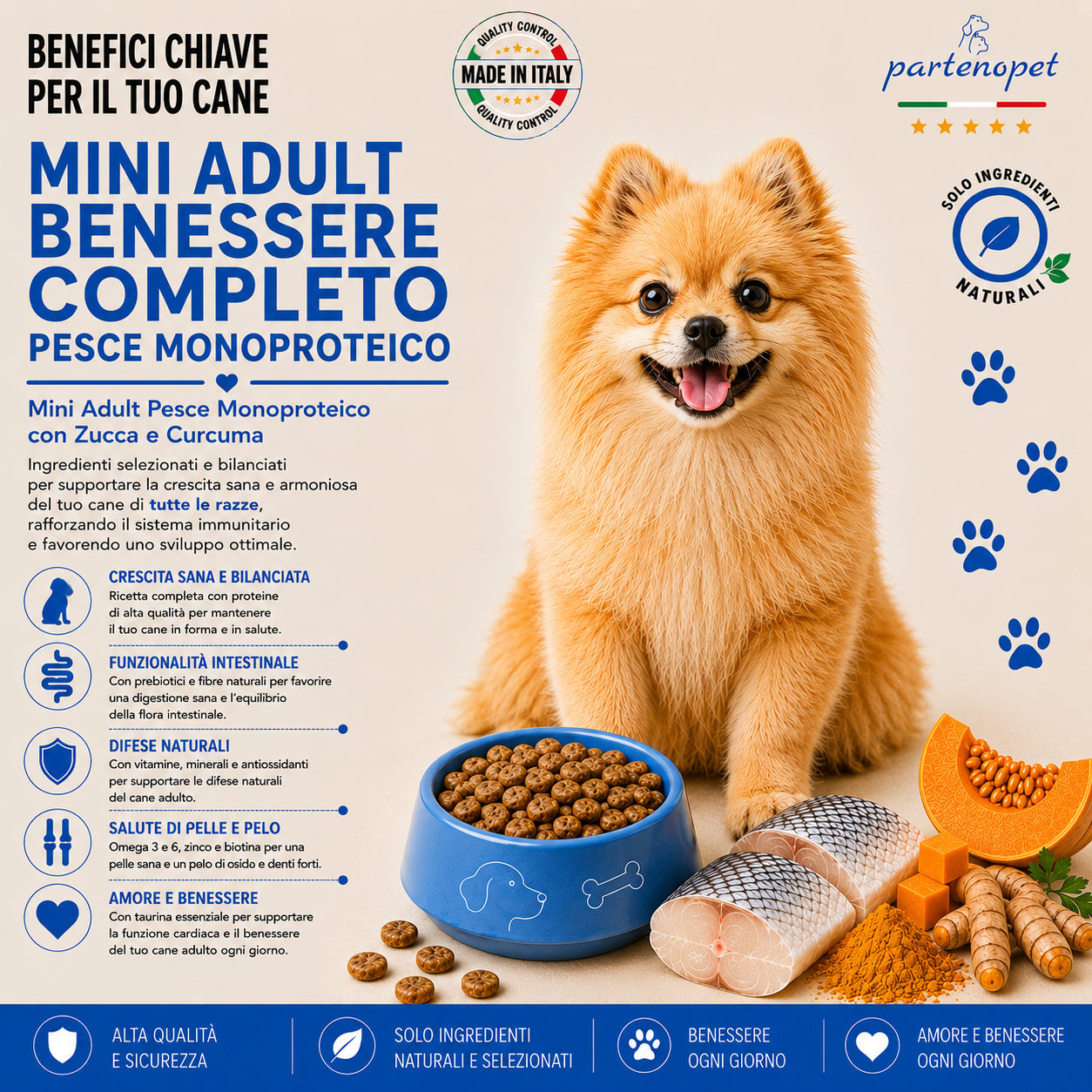 Partenopet Adult Mini Monoproteico Pesce e Zucca Crocchette per Cani 100% Naturali 12 kg - Partenopet