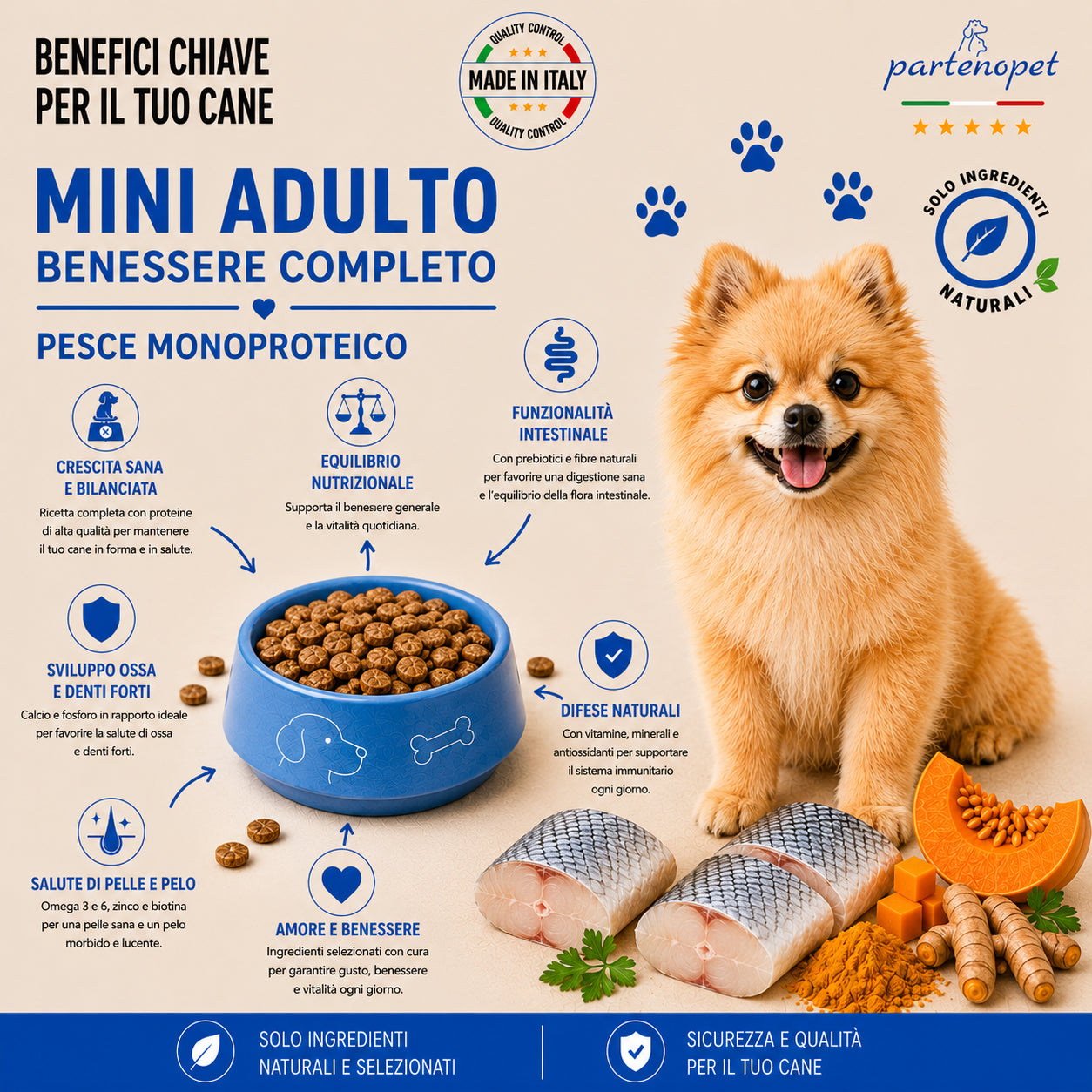 Partenopet Adult Mini Monoproteico Pesce e Zucca Crocchette per Cani 100% Naturali 12 kg - Partenopet