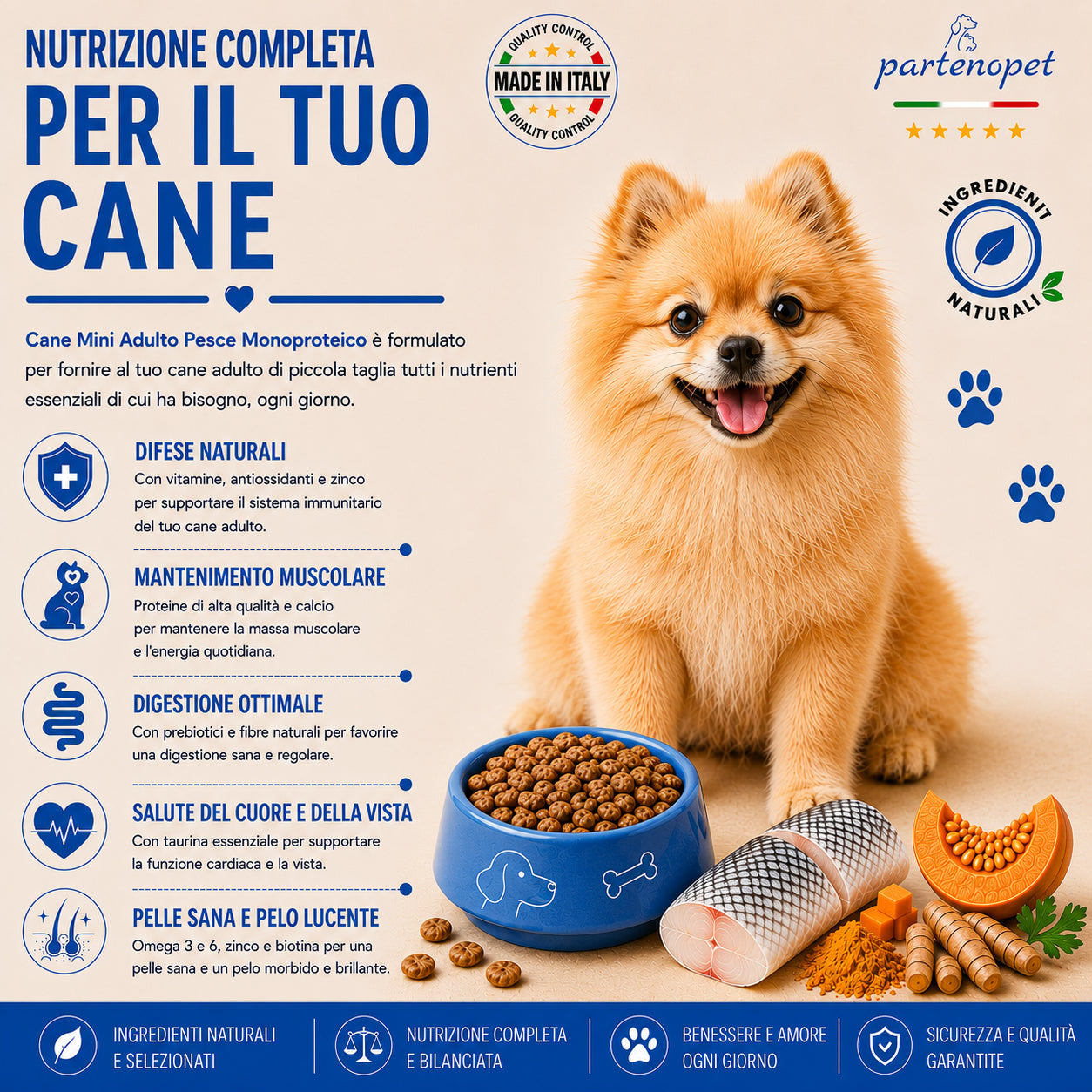 Partenopet Adult Mini Monoproteico Pesce e Zucca Crocchette per Cani 100% Naturali 12 kg - Partenopet